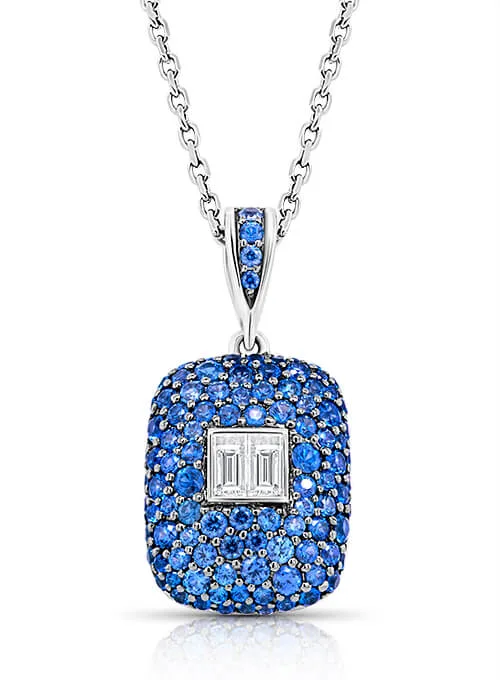 White Gold Diamond Blue Square Halo Necklace by Retouching Cloud